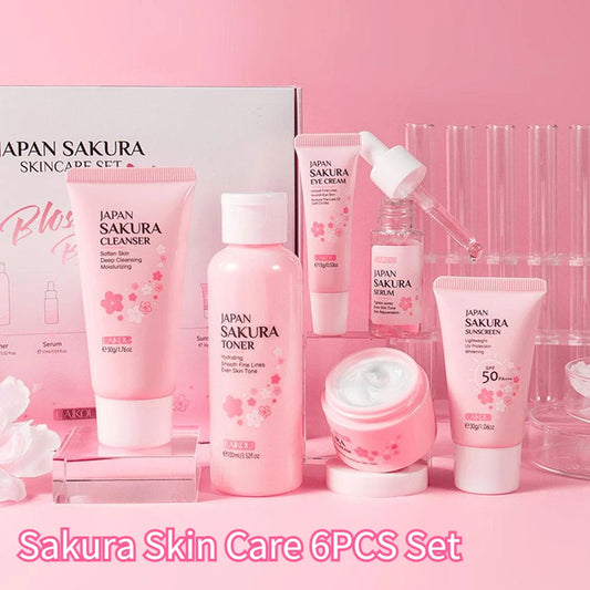 Coffret Soin du Visage Sakura 6 Pièces – Crème Visage, Sérum, Tonique, Nettoyant, Crème Solaire & Contour des Yeux | Idée Cadeau Soins de la Peau