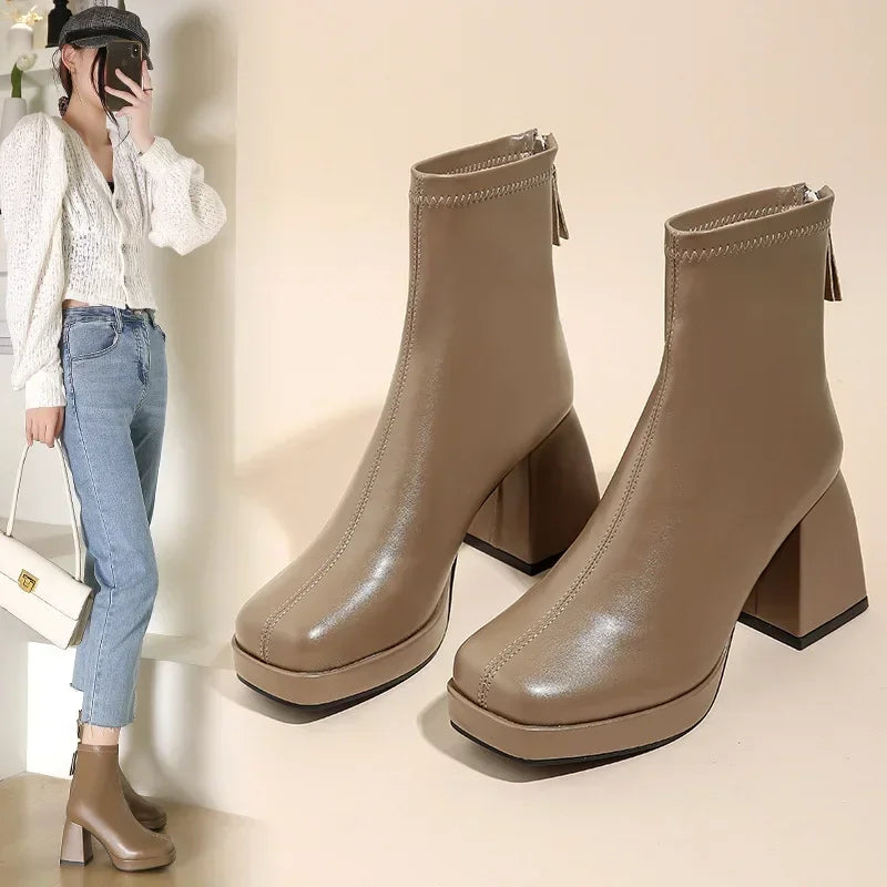 Bottes Chelsea Femme - Bottines Designer à Talons Hauts avec Fermeture Éclair Arrière